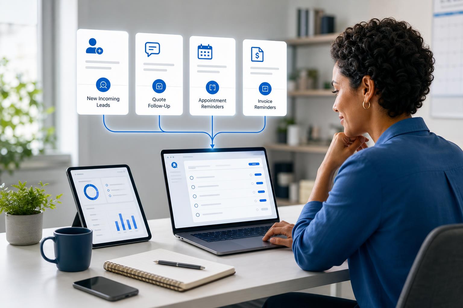 Small business owner reviewing an AI follow-up system for leads, quotes, appointments, invoices, and customer requests