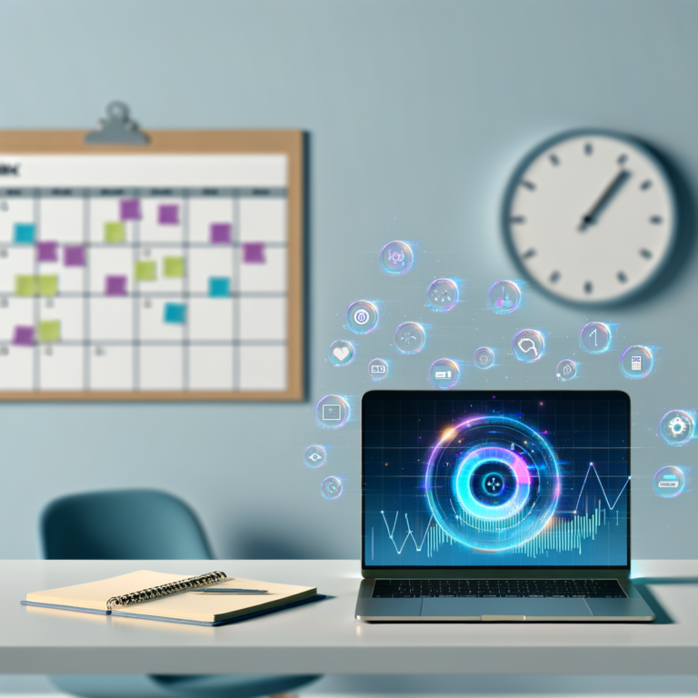 Laptop on desk with futuristic interface, calendar on wall, and clock, surrounded by digital icons